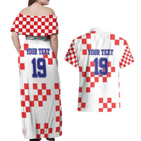 Custom Croatia National Heritage Couples Matching Off Shoulder Maxi Dress and Hawaiian Shirt Red and White Checkerboard Design - Wonder Print Shop