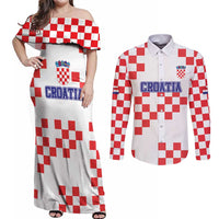 Custom Croatia National Heritage Couples Matching Off Shoulder Maxi Dress and Long Sleeve Button Shirt Red and White Checkerboard Design - Wonder Print Shop