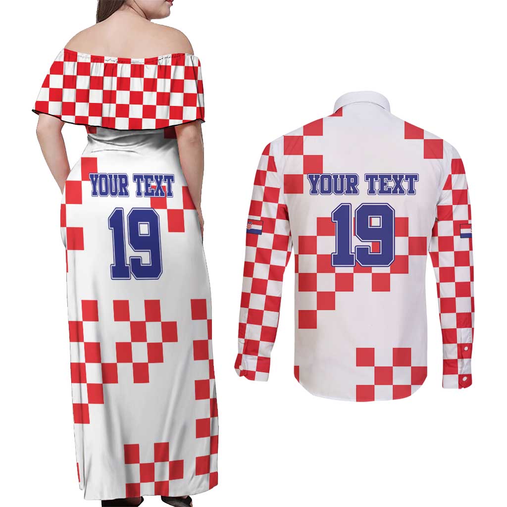 Custom Croatia National Heritage Couples Matching Off Shoulder Maxi Dress and Long Sleeve Button Shirt Red and White Checkerboard Design - Wonder Print Shop