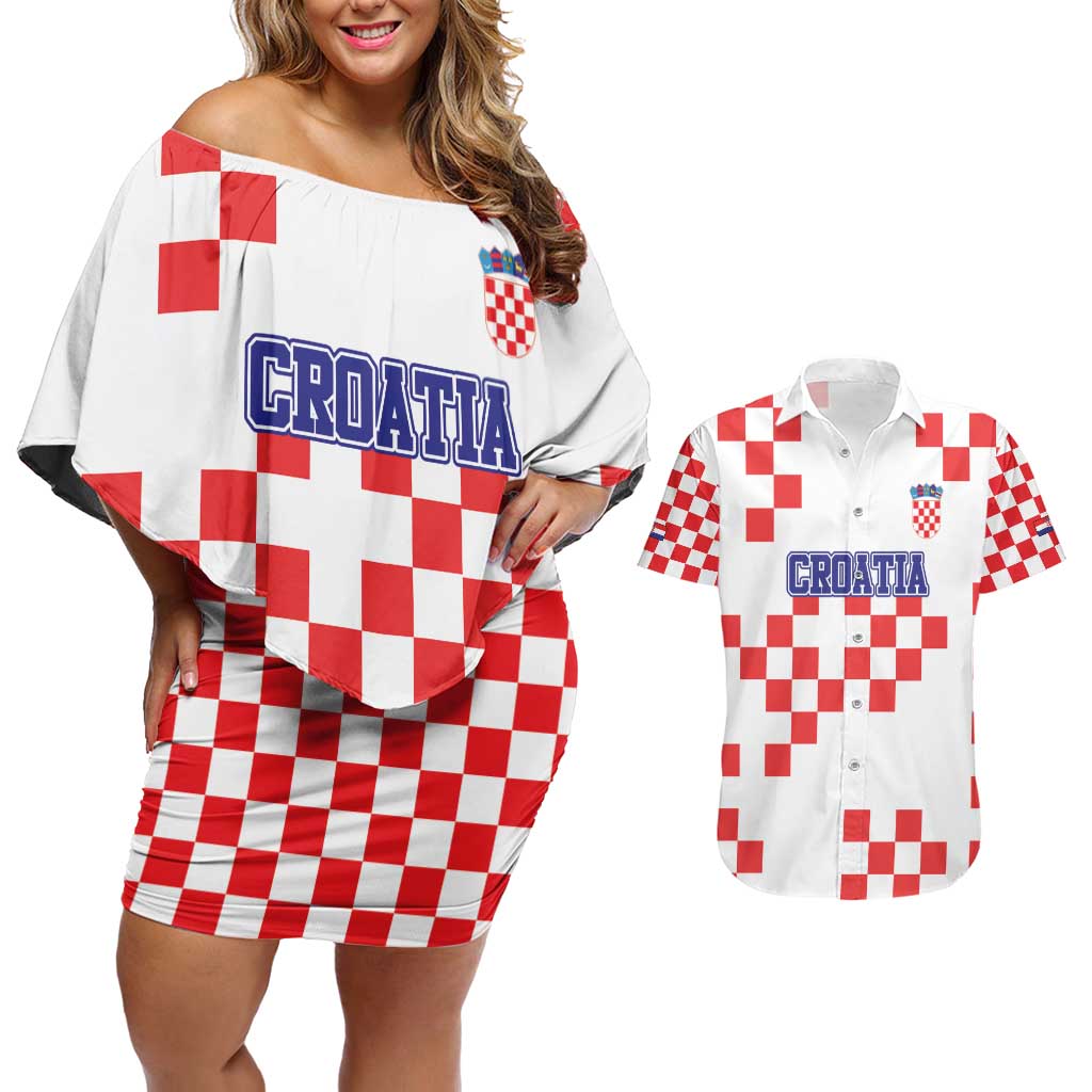 Custom Croatia National Heritage Couples Matching Off Shoulder Short Dress and Hawaiian Shirt Red and White Checkerboard Design - Wonder Print Shop