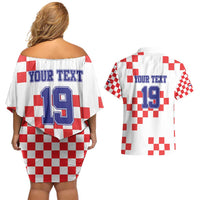 Custom Croatia National Heritage Couples Matching Off Shoulder Short Dress and Hawaiian Shirt Red and White Checkerboard Design - Wonder Print Shop