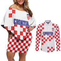 Custom Croatia National Heritage Couples Matching Off Shoulder Short Dress and Long Sleeve Button Shirt Red and White Checkerboard Design - Wonder Print Shop