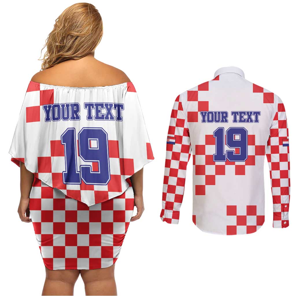 Custom Croatia National Heritage Couples Matching Off Shoulder Short Dress and Long Sleeve Button Shirt Red and White Checkerboard Design - Wonder Print Shop