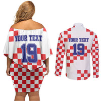 Custom Croatia National Heritage Couples Matching Off Shoulder Short Dress and Long Sleeve Button Shirt Red and White Checkerboard Design - Wonder Print Shop