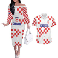 Custom Croatia National Heritage Couples Matching Off The Shoulder Long Sleeve Dress and Hawaiian Shirt Red and White Checkerboard Design - Wonder Print Shop