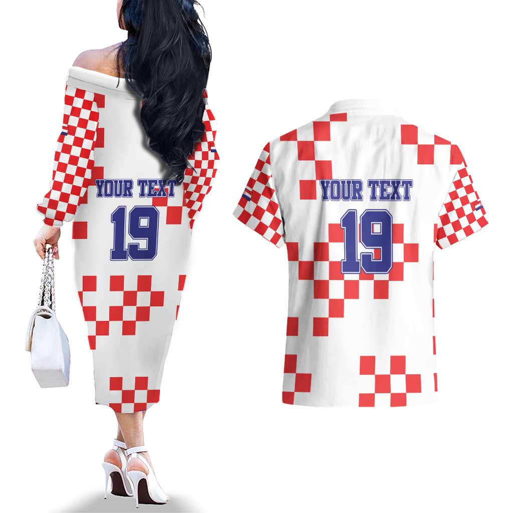 Custom Croatia National Heritage Couples Matching Off The Shoulder Long Sleeve Dress and Hawaiian Shirt Red and White Checkerboard Design - Wonder Print Shop