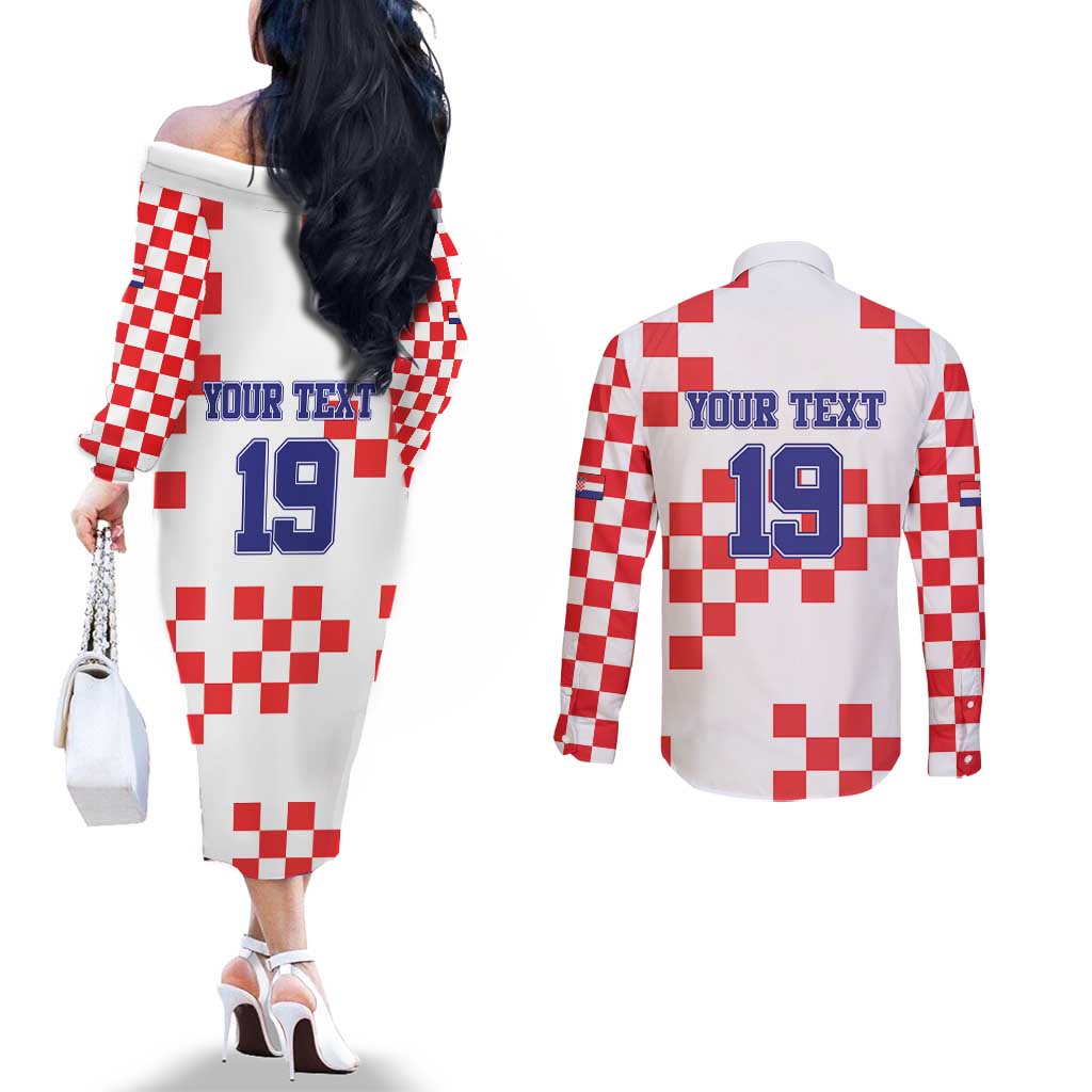 Custom Croatia National Heritage Couples Matching Off The Shoulder Long Sleeve Dress and Long Sleeve Button Shirt Red and White Checkerboard Design - Wonder Print Shop