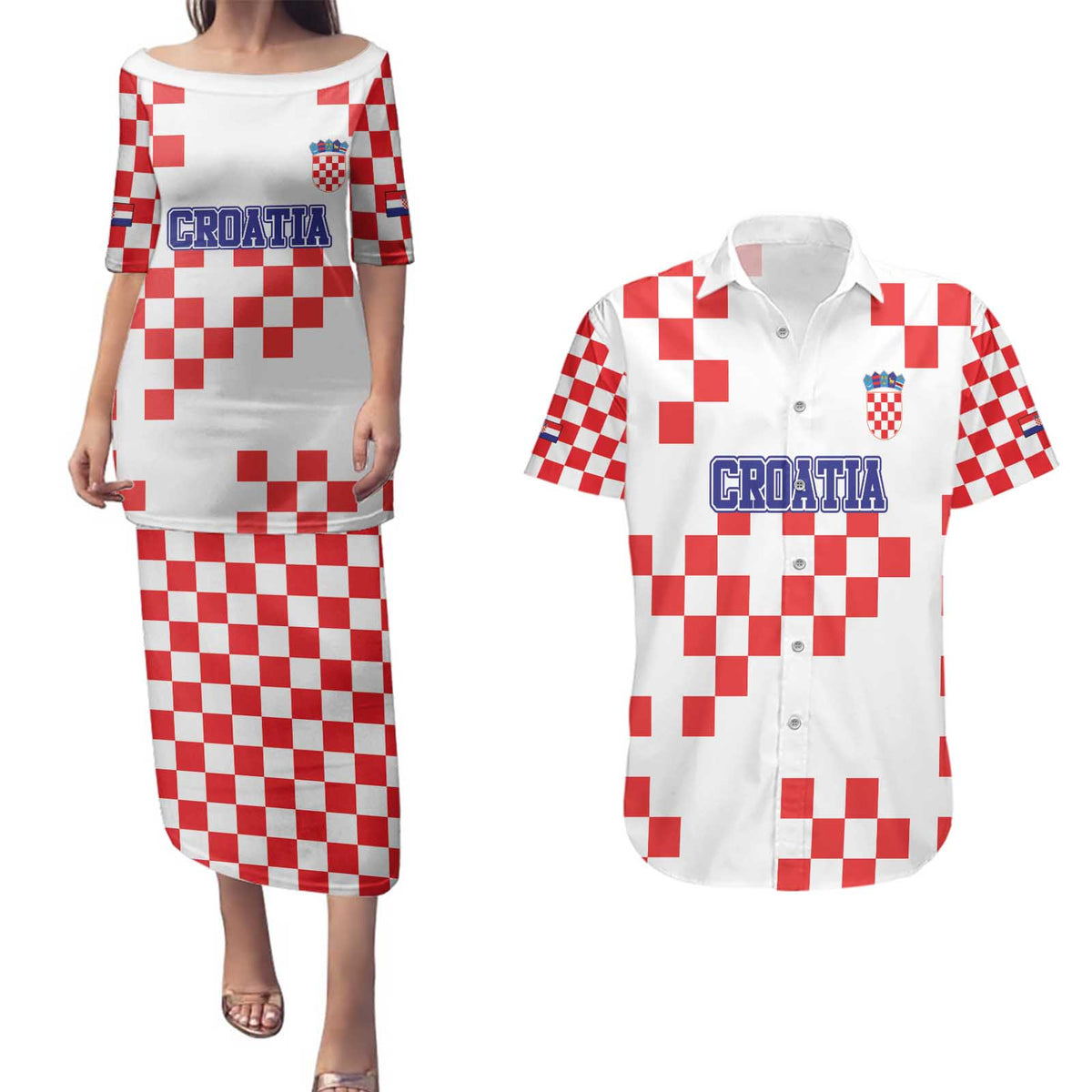 Custom Croatia National Heritage Couples Matching Puletasi and Hawaiian Shirt Red and White Checkerboard Design - Wonder Print Shop
