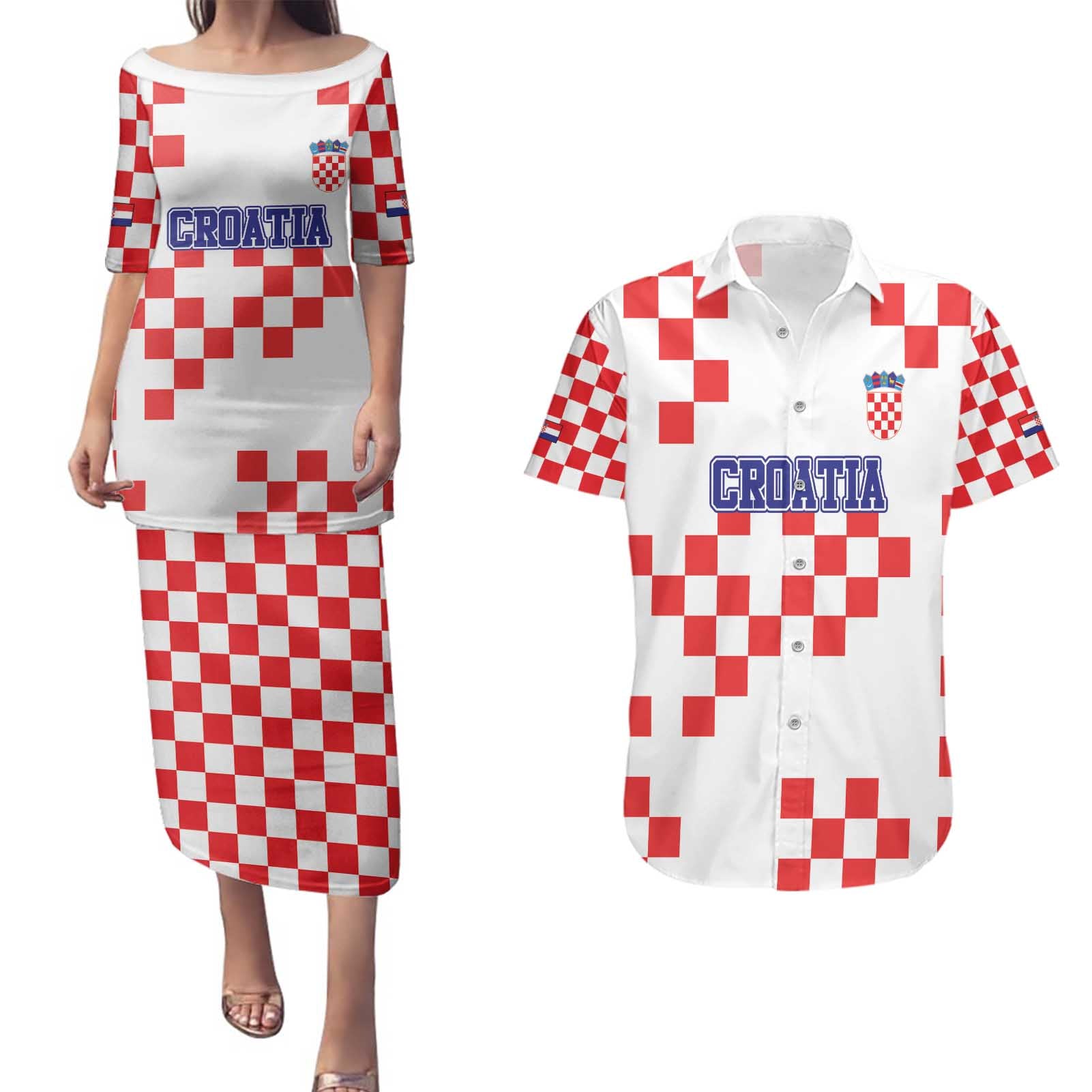 Custom Croatia National Heritage Couples Matching Puletasi and Hawaiian Shirt Red and White Checkerboard Design - Wonder Print Shop