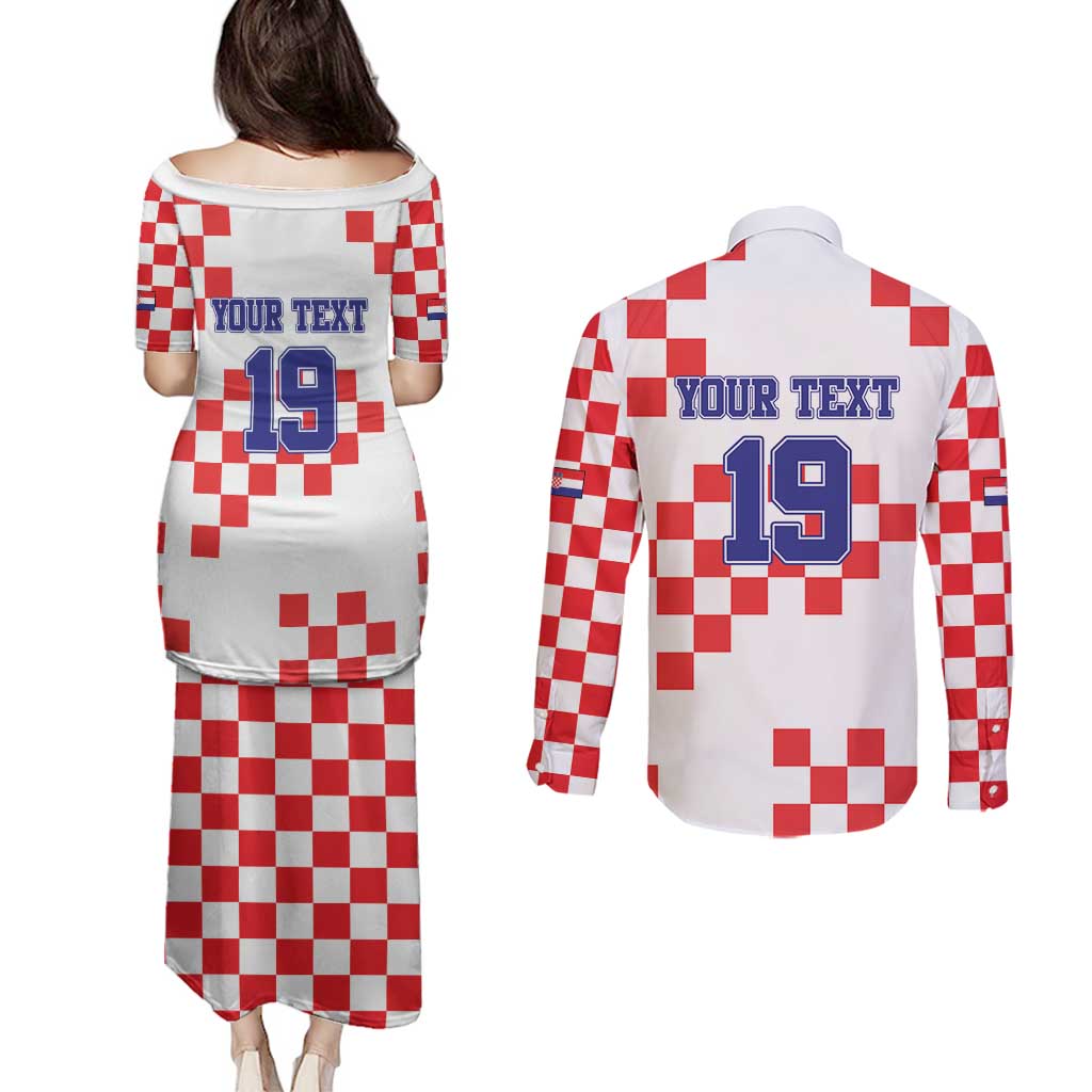 Custom Croatia National Heritage Couples Matching Puletasi and Long Sleeve Button Shirt Red and White Checkerboard Design - Wonder Print Shop