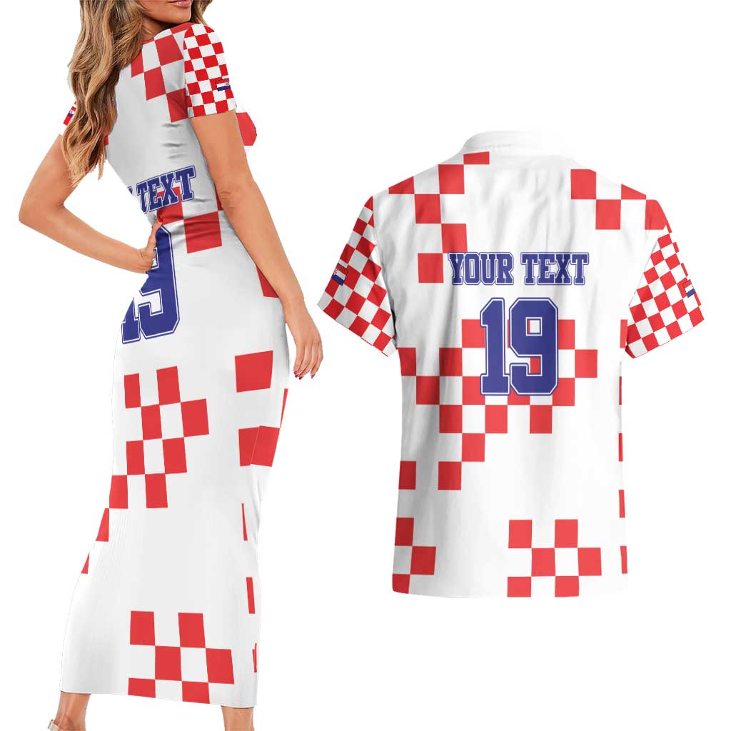 Custom Croatia National Heritage Couples Matching Short Sleeve Bodycon Dress and Hawaiian Shirt Red and White Checkerboard Design - Wonder Print Shop