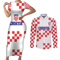 Custom Croatia National Heritage Couples Matching Short Sleeve Bodycon Dress and Long Sleeve Button Shirt Red and White Checkerboard Design - Wonder Print Shop