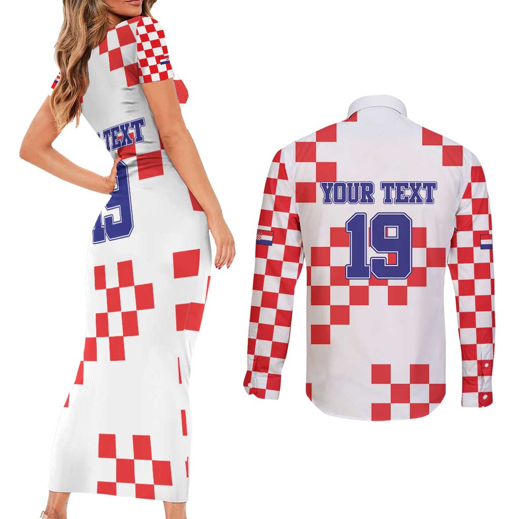 Custom Croatia National Heritage Couples Matching Short Sleeve Bodycon Dress and Long Sleeve Button Shirt Red and White Checkerboard Design - Wonder Print Shop