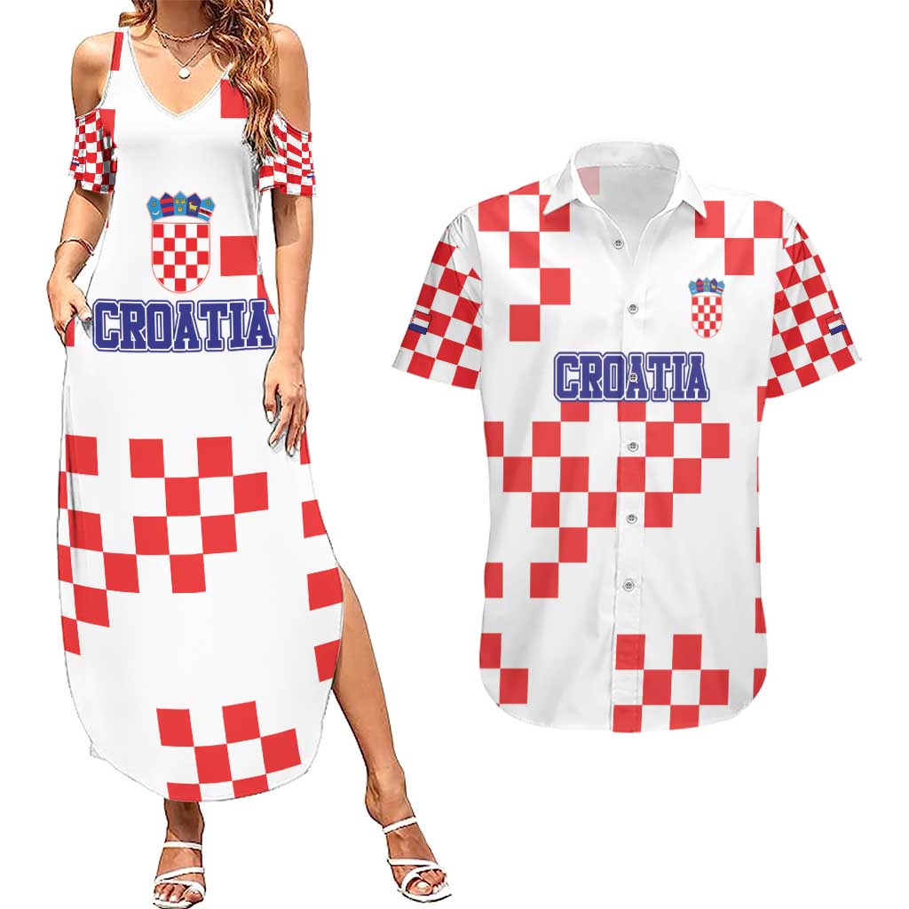 Custom Croatia National Heritage Couples Matching Summer Maxi Dress and Hawaiian Shirt Red and White Checkerboard Design - Wonder Print Shop