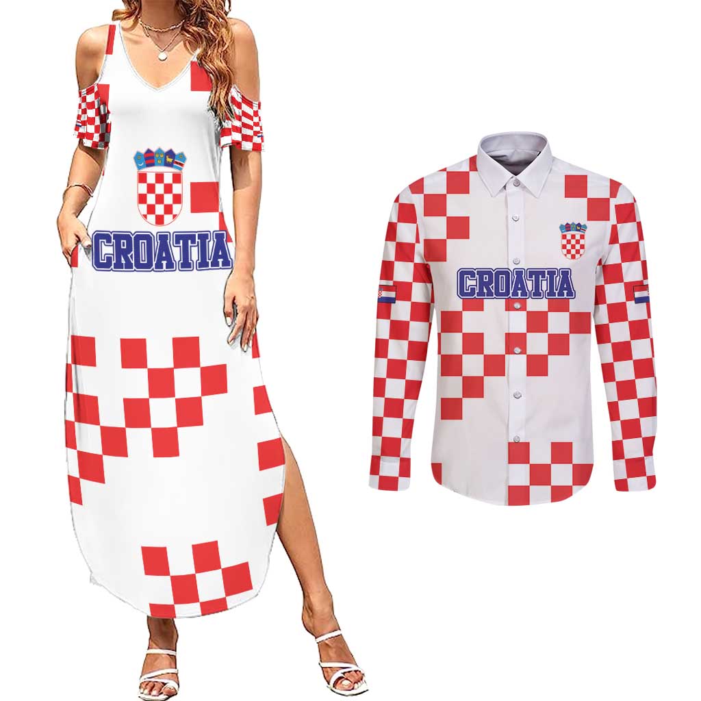 Custom Croatia National Heritage Couples Matching Summer Maxi Dress and Long Sleeve Button Shirt Red and White Checkerboard Design - Wonder Print Shop