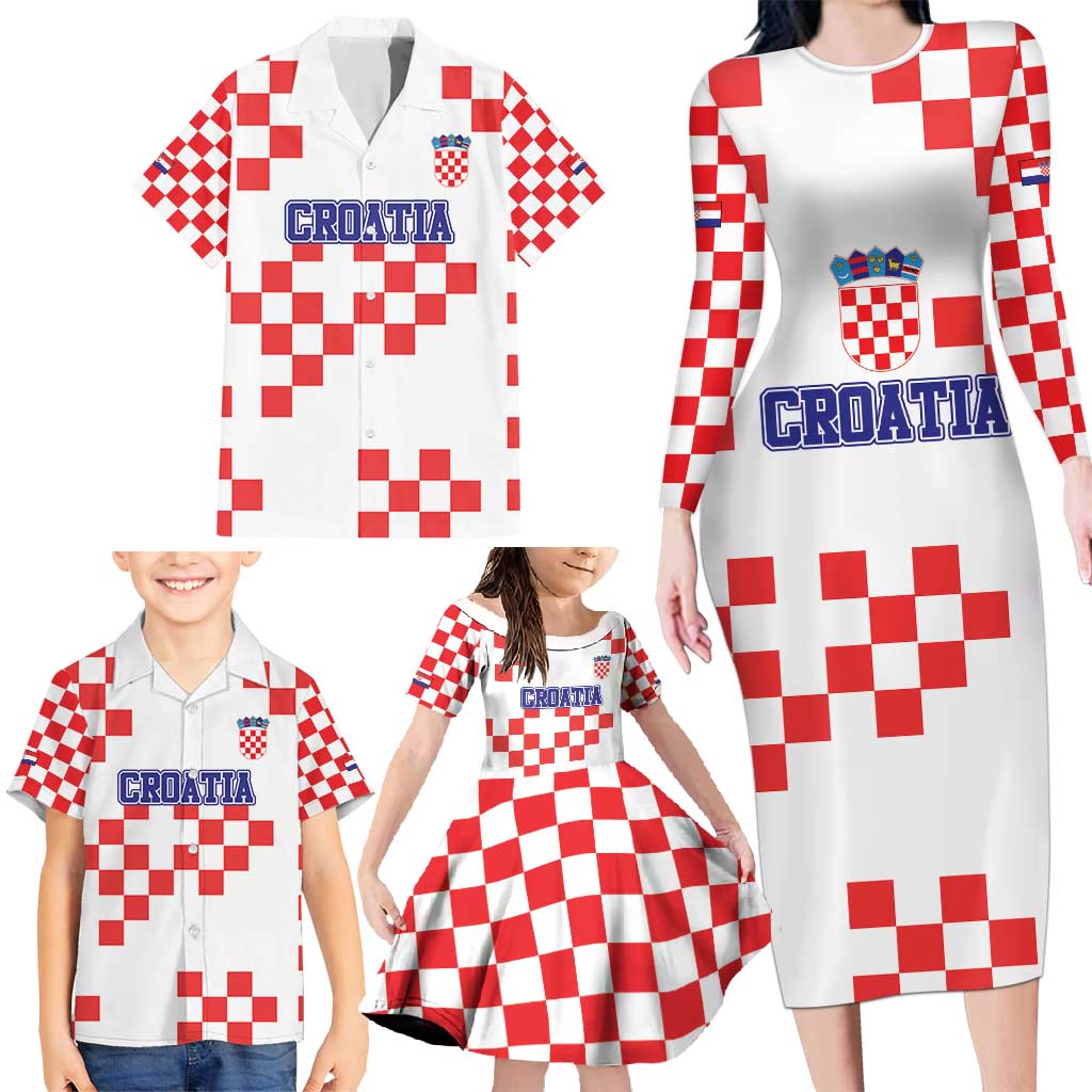 Custom Croatia National Heritage Family Matching Long Sleeve Bodycon Dress and Hawaiian Shirt Red and White Checkerboard Design - Wonder Print Shop