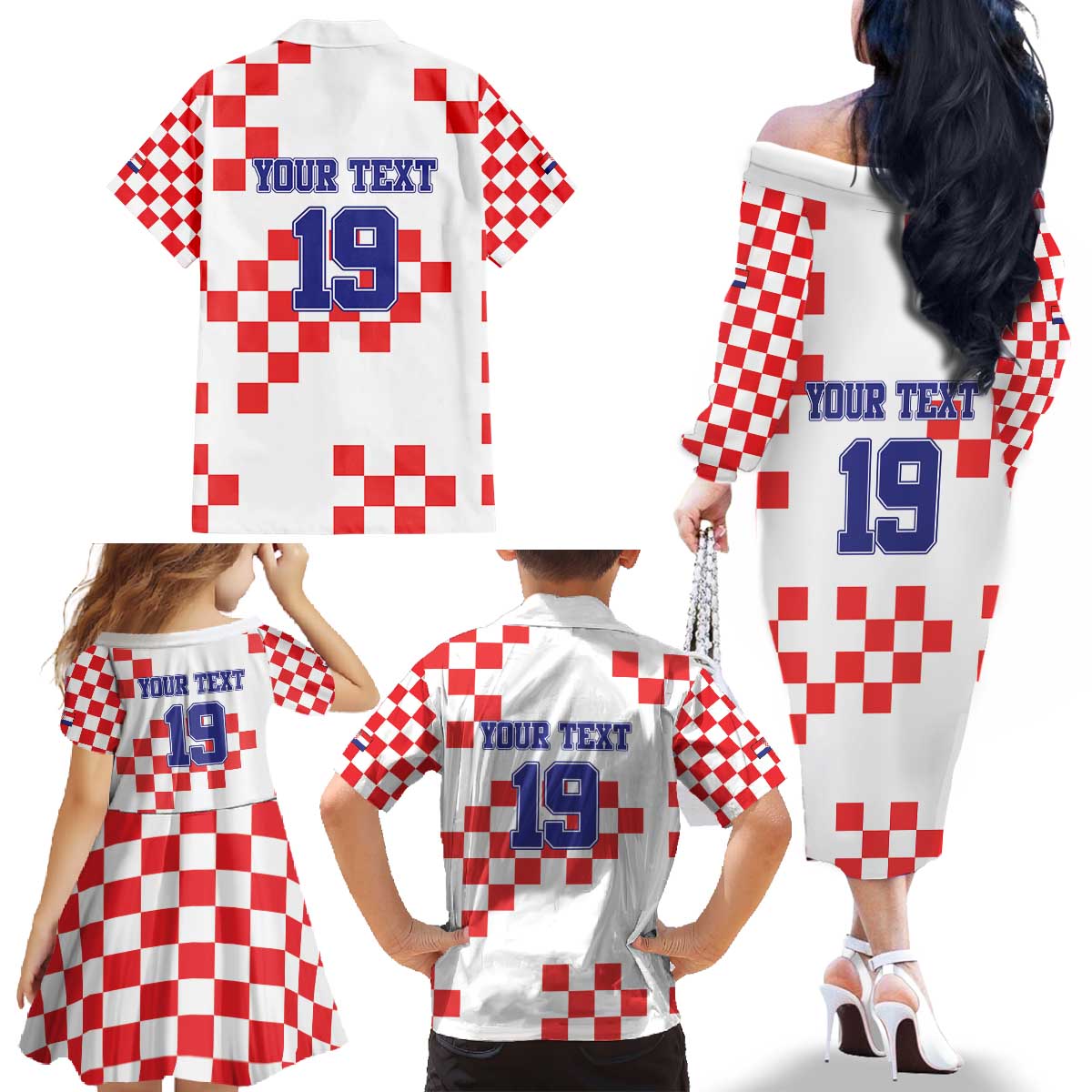 Custom Croatia National Heritage Family Matching Off The Shoulder Long Sleeve Dress and Hawaiian Shirt Red and White Checkerboard Design - Wonder Print Shop