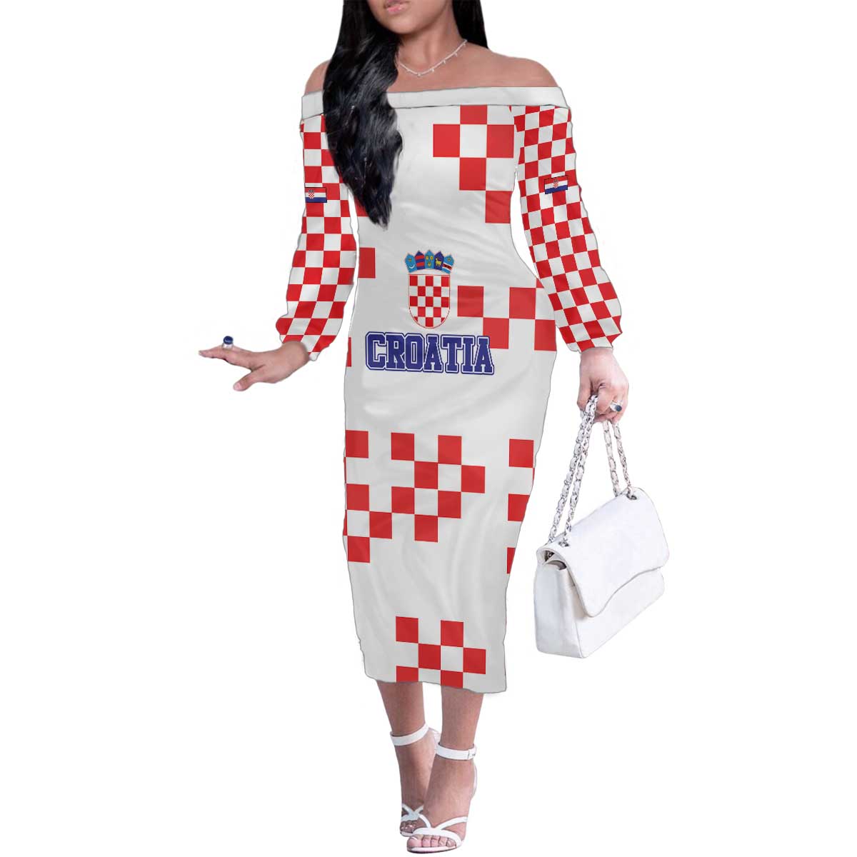 Custom Croatia National Heritage Family Matching Off The Shoulder Long Sleeve Dress and Hawaiian Shirt Red and White Checkerboard Design - Wonder Print Shop