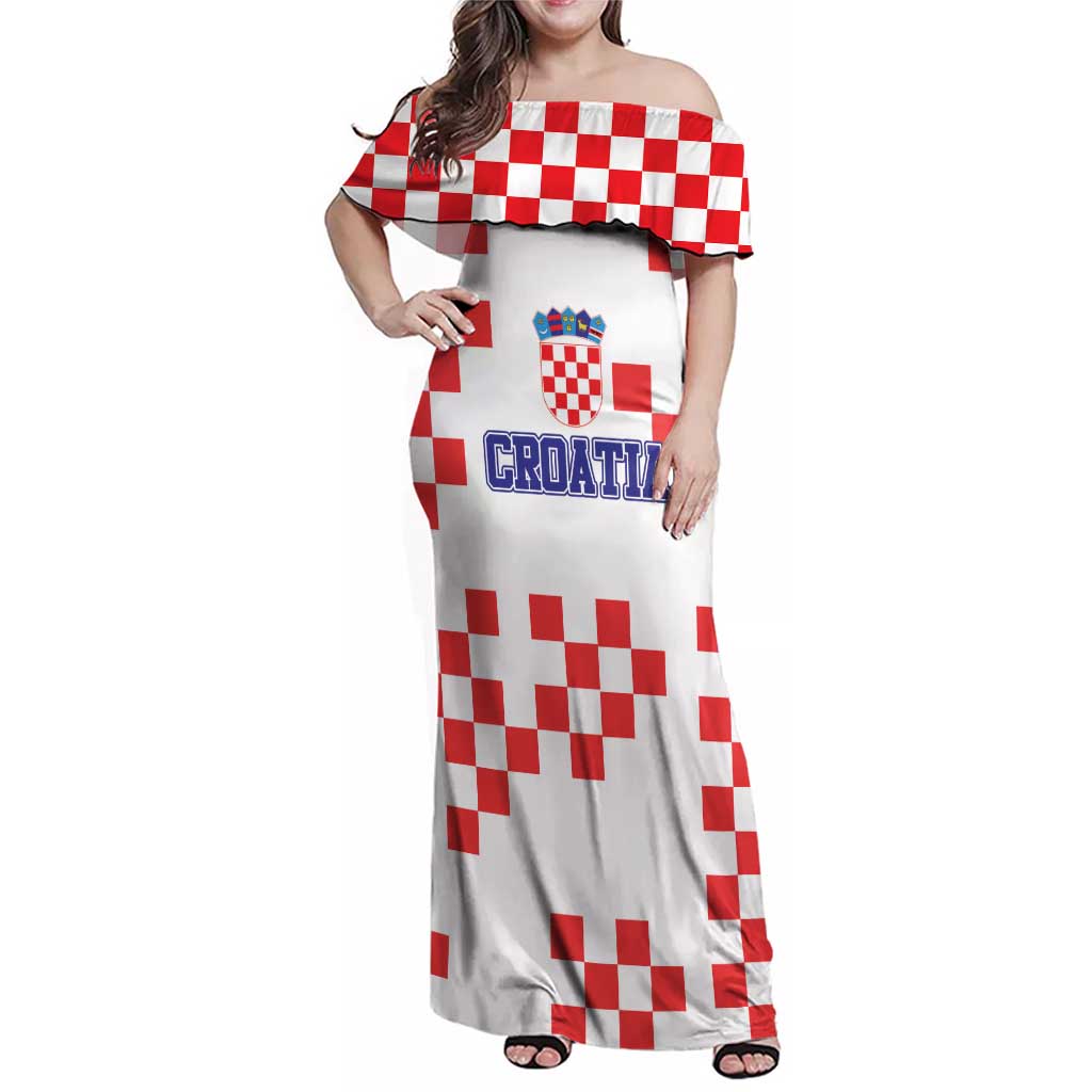 Custom Croatia National Heritage Family Matching Off Shoulder Maxi Dress and Hawaiian Shirt Red and White Checkerboard Design - Wonder Print Shop