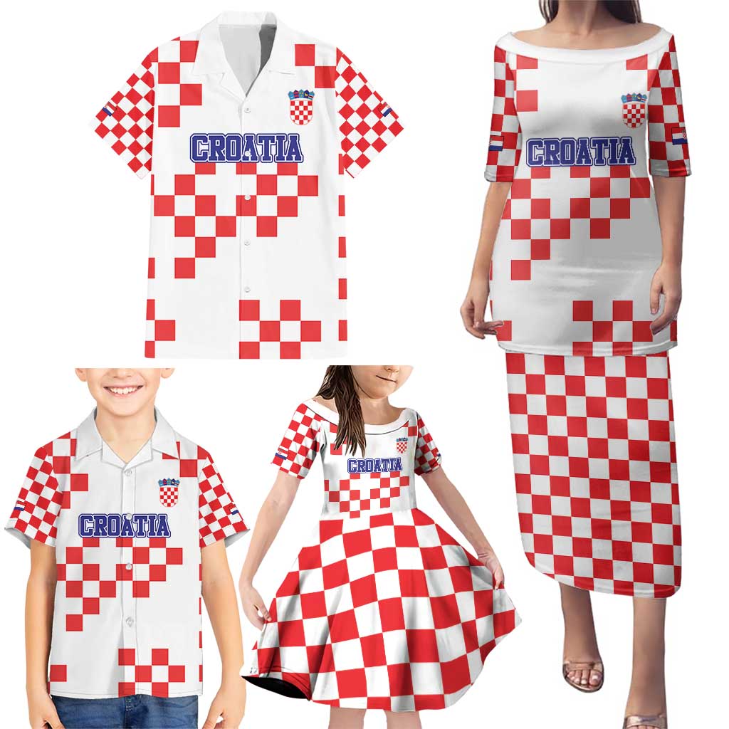 Custom Croatia National Heritage Family Matching Puletasi and Hawaiian Shirt Red and White Checkerboard Design - Wonder Print Shop
