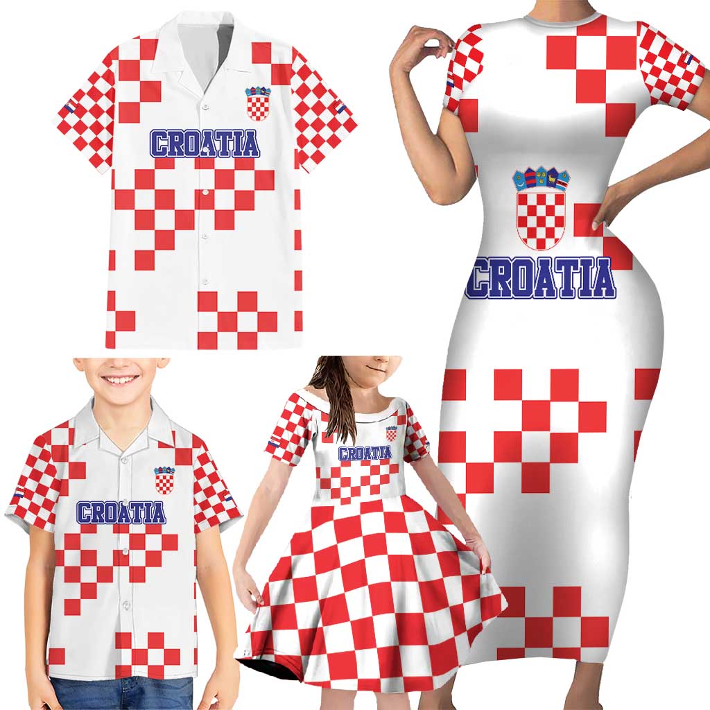 Custom Croatia National Heritage Family Matching Short Sleeve Bodycon Dress and Hawaiian Shirt Red and White Checkerboard Design - Wonder Print Shop