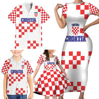 Custom Croatia National Heritage Family Matching Short Sleeve Bodycon Dress and Hawaiian Shirt Red and White Checkerboard Design - Wonder Print Shop
