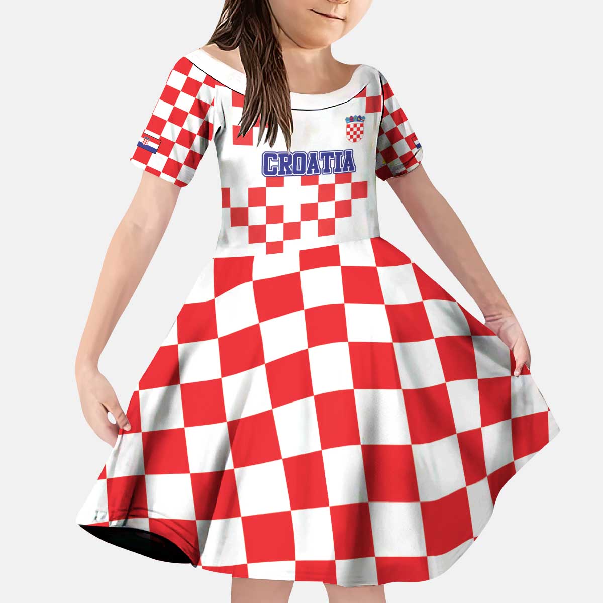 Custom Croatia National Heritage Kid Short Sleeve Dress Red and White Checkerboard Design - Wonder Print Shop
