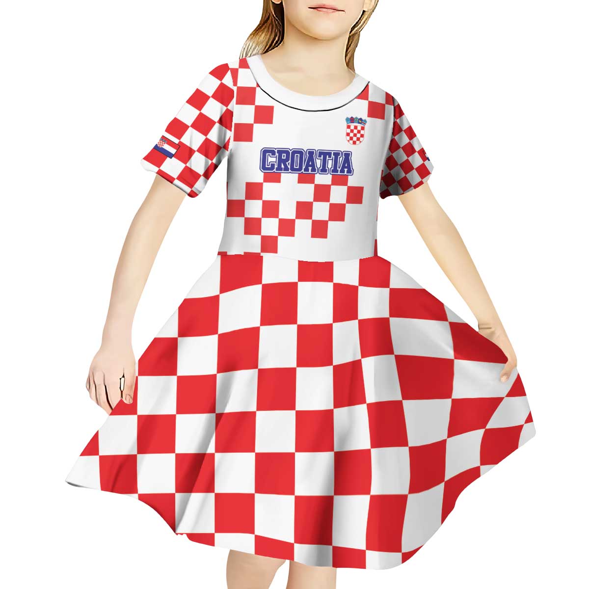 Custom Croatia National Heritage Kid Short Sleeve Dress Red and White Checkerboard Design - Wonder Print Shop