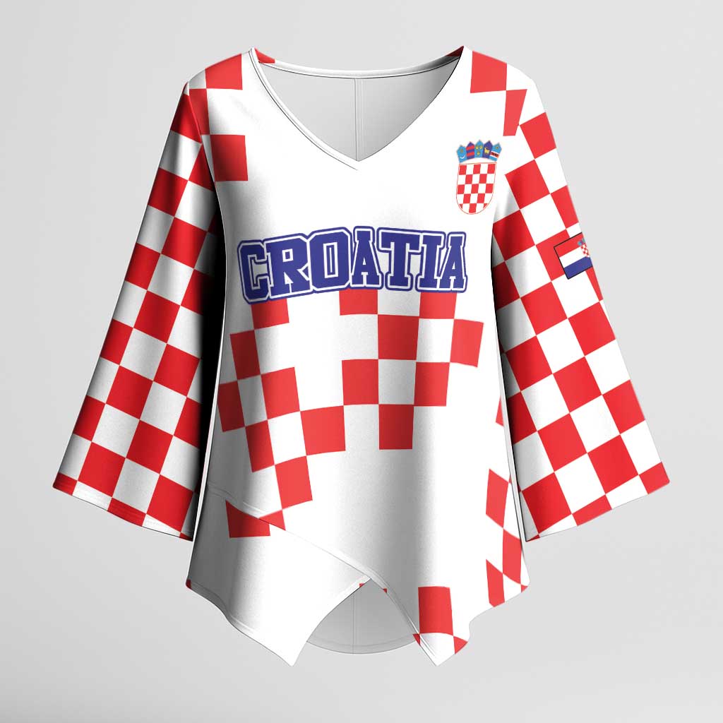 Custom Croatia National Heritage Kimono Sleeve Blouse Red and White Checkerboard Design - Wonder Print Shop