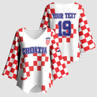 Custom Croatia National Heritage Kimono Sleeve Blouse Red and White Checkerboard Design - Wonder Print Shop