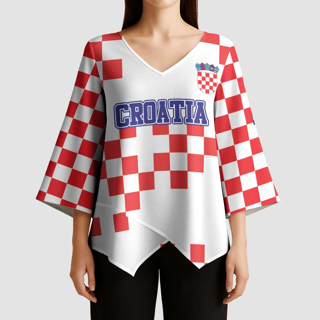 Custom Croatia National Heritage Kimono Sleeve Blouse Red and White Checkerboard Design - Wonder Print Shop