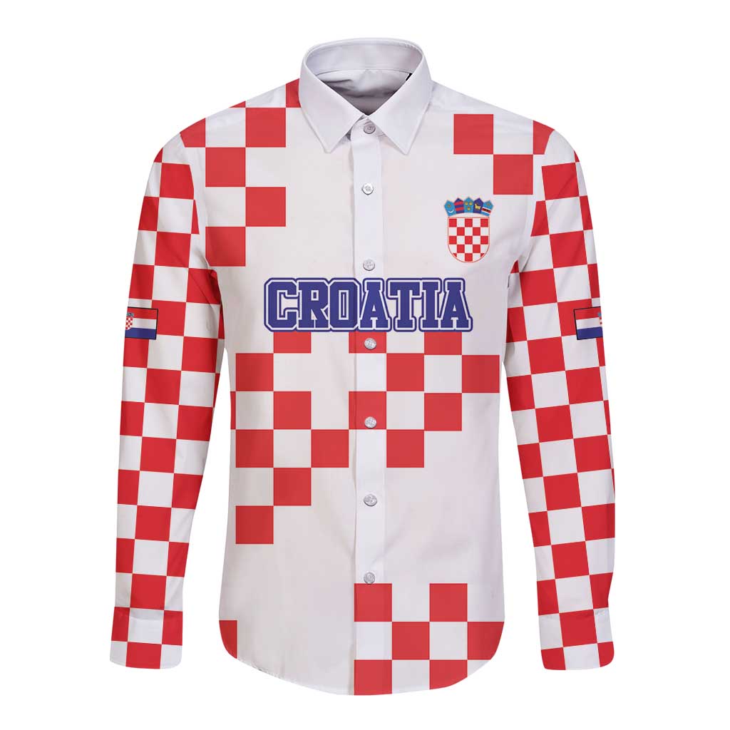 Custom Croatia National Heritage Long Sleeve Button Shirt Red and White Checkerboard Design - Wonder Print Shop