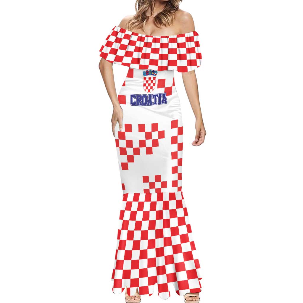Custom Croatia National Heritage Mermaid Dress Red and White Checkerboard Design - Wonder Print Shop