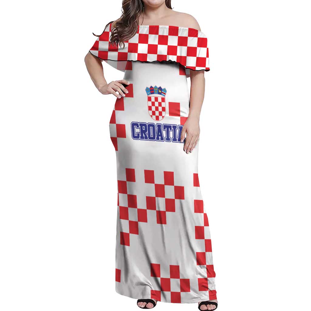 Custom Croatia National Heritage Off Shoulder Maxi Dress Red and White Checkerboard Design - Wonder Print Shop