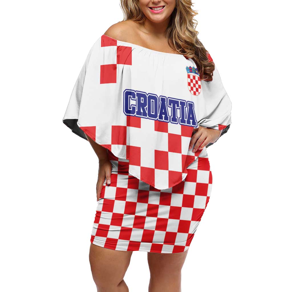 Custom Croatia National Heritage Off Shoulder Short Dress Red and White Checkerboard Design - Wonder Print Shop