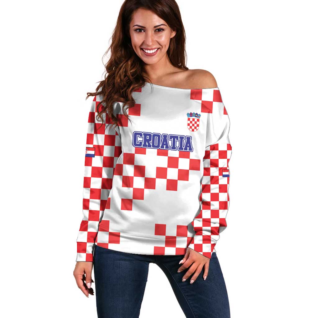 Custom Croatia National Heritage Off Shoulder Sweater Red and White Checkerboard Design - Wonder Print Shop