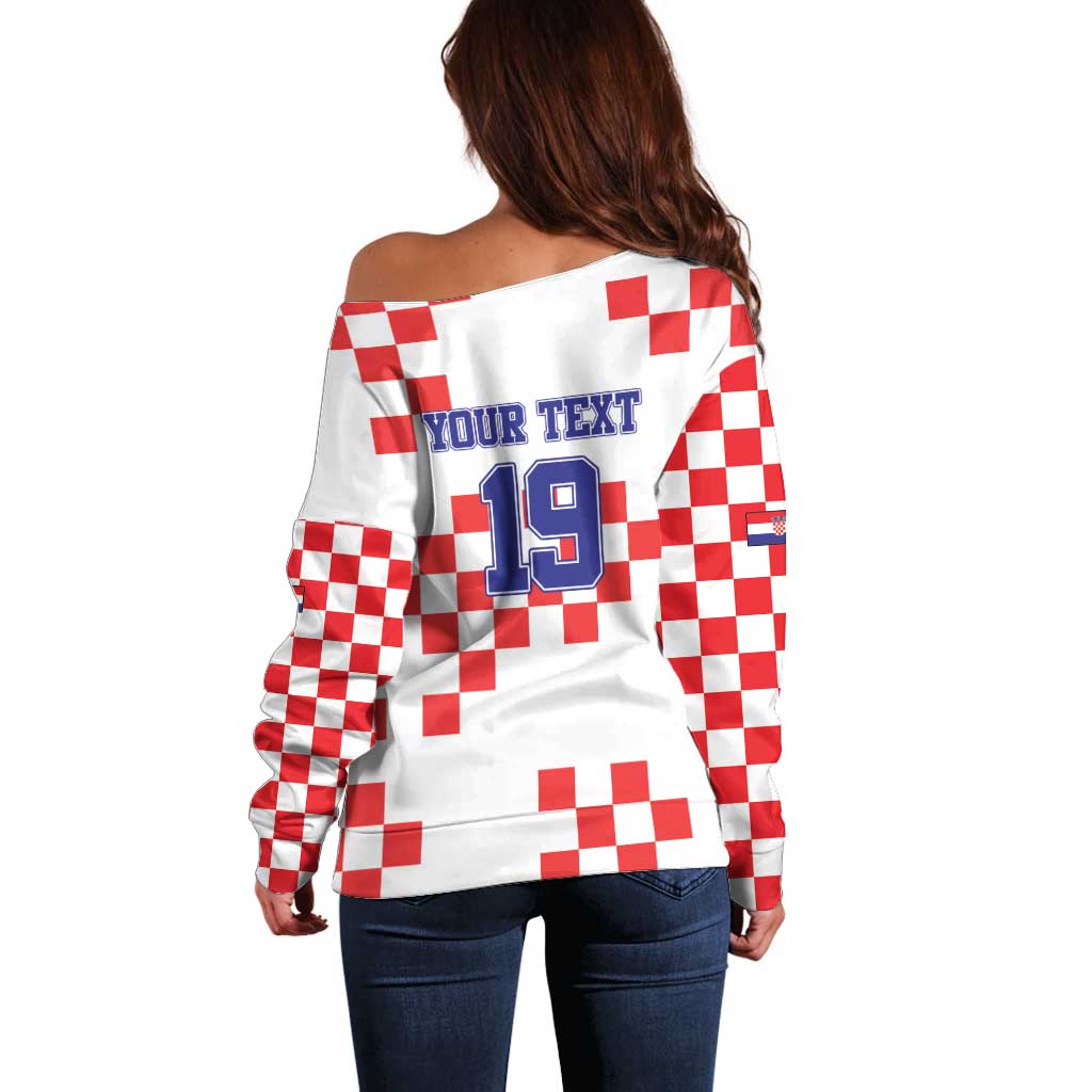 Custom Croatia National Heritage Off Shoulder Sweater Red and White Checkerboard Design - Wonder Print Shop