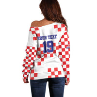 Custom Croatia National Heritage Off Shoulder Sweater Red and White Checkerboard Design - Wonder Print Shop