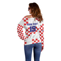 Custom Croatia National Heritage Off Shoulder Sweater Red and White Checkerboard Design - Wonder Print Shop