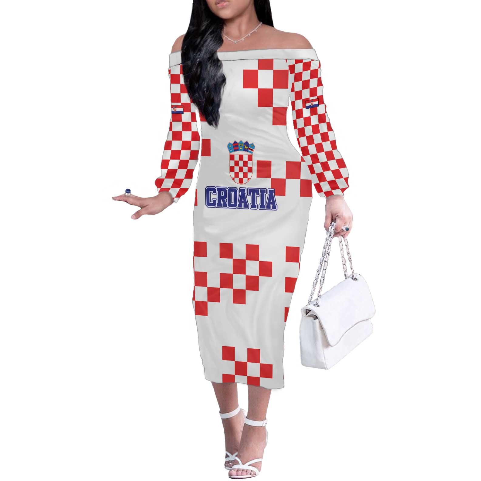 Custom Croatia National Heritage Off The Shoulder Long Sleeve Dress Red and White Checkerboard Design - Wonder Print Shop