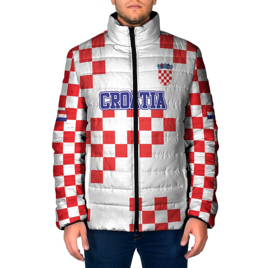 Custom Croatia National Heritage Padded Jacket Red and White Checkerboard Design - Wonder Print Shop