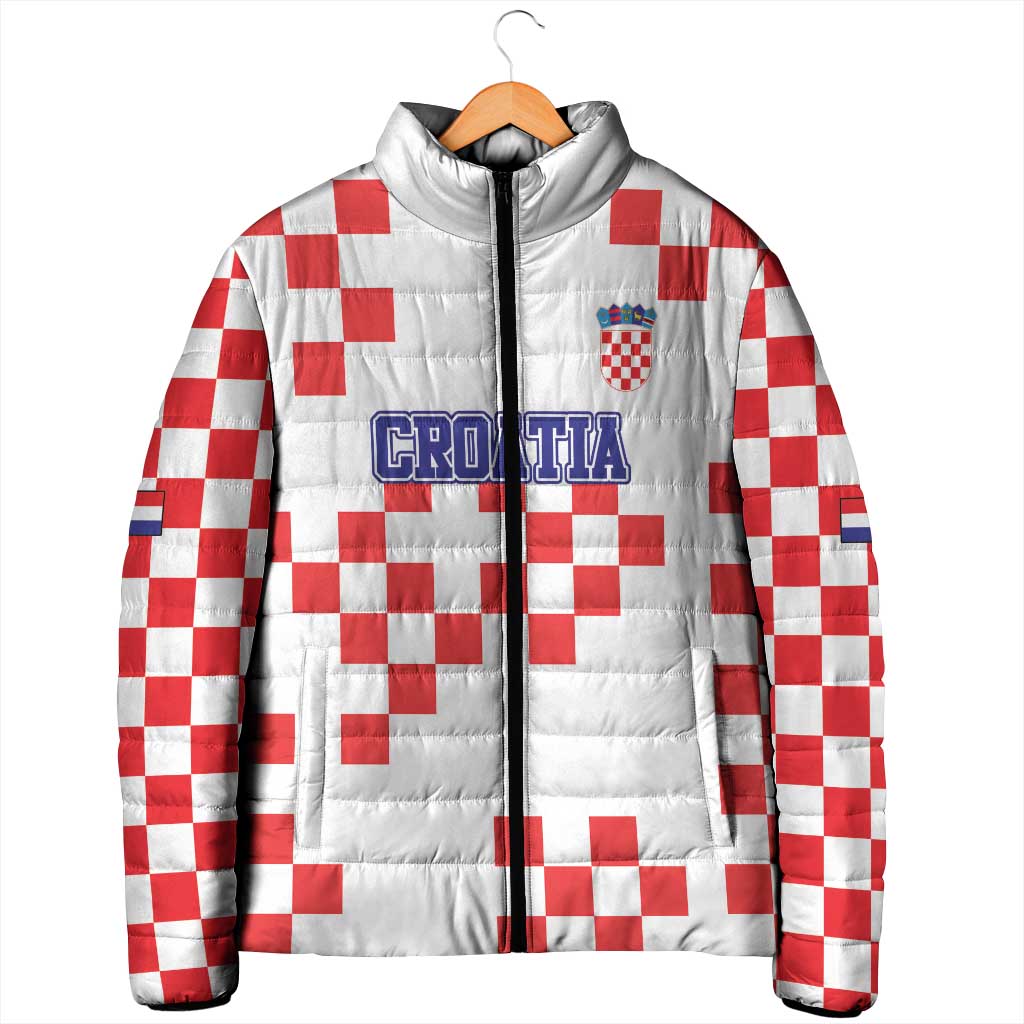 Custom Croatia National Heritage Padded Jacket Red and White Checkerboard Design - Wonder Print Shop