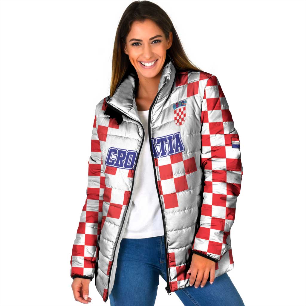 Custom Croatia National Heritage Padded Jacket Red and White Checkerboard Design - Wonder Print Shop