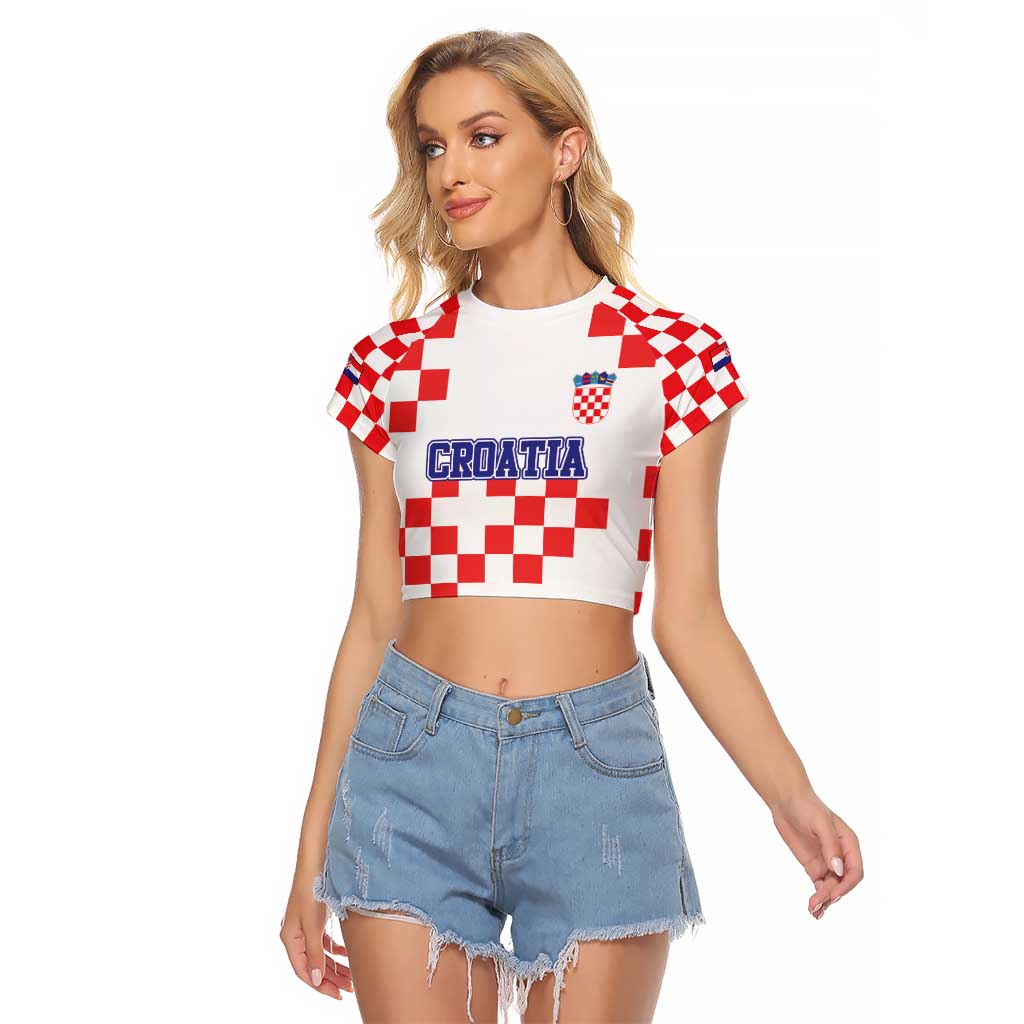 Custom Croatia National Heritage Raglan Cropped T Shirt Red and White Checkerboard Design - Wonder Print Shop