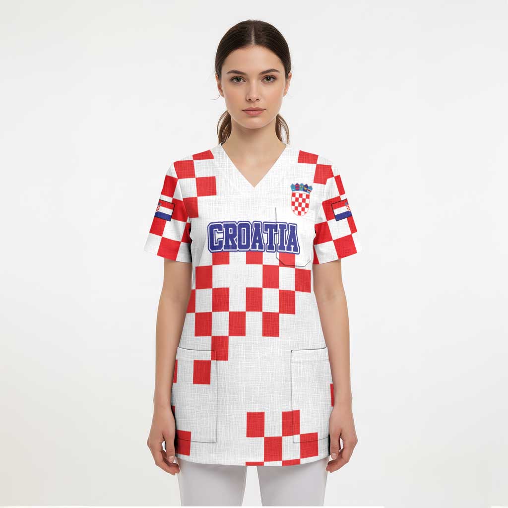 Custom Croatia National Heritage Scrub Top Red and White Checkerboard Design - Wonder Print Shop