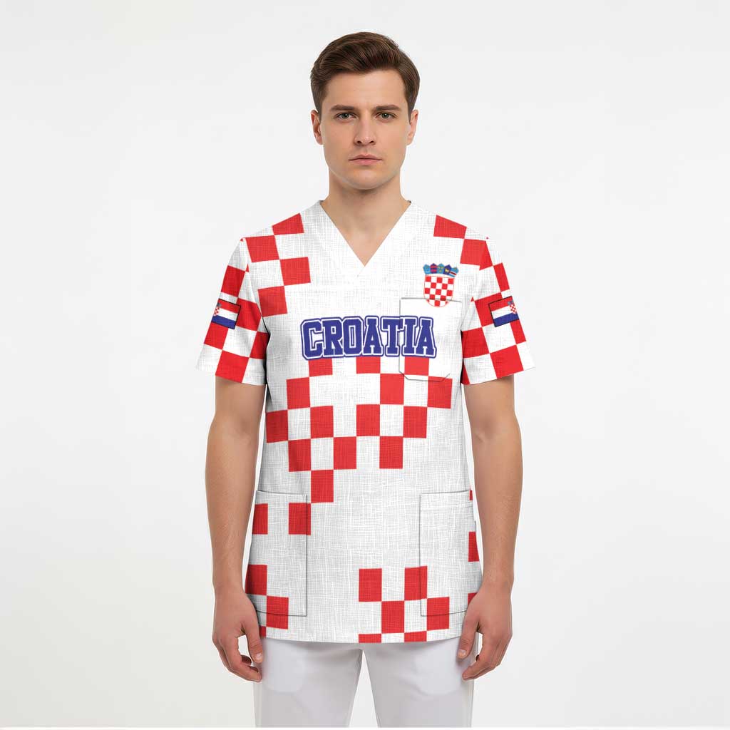 Custom Croatia National Heritage Scrub Top Red and White Checkerboard Design - Wonder Print Shop