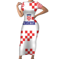 Custom Croatia National Heritage Short Sleeve Bodycon Dress Red and White Checkerboard Design - Wonder Print Shop