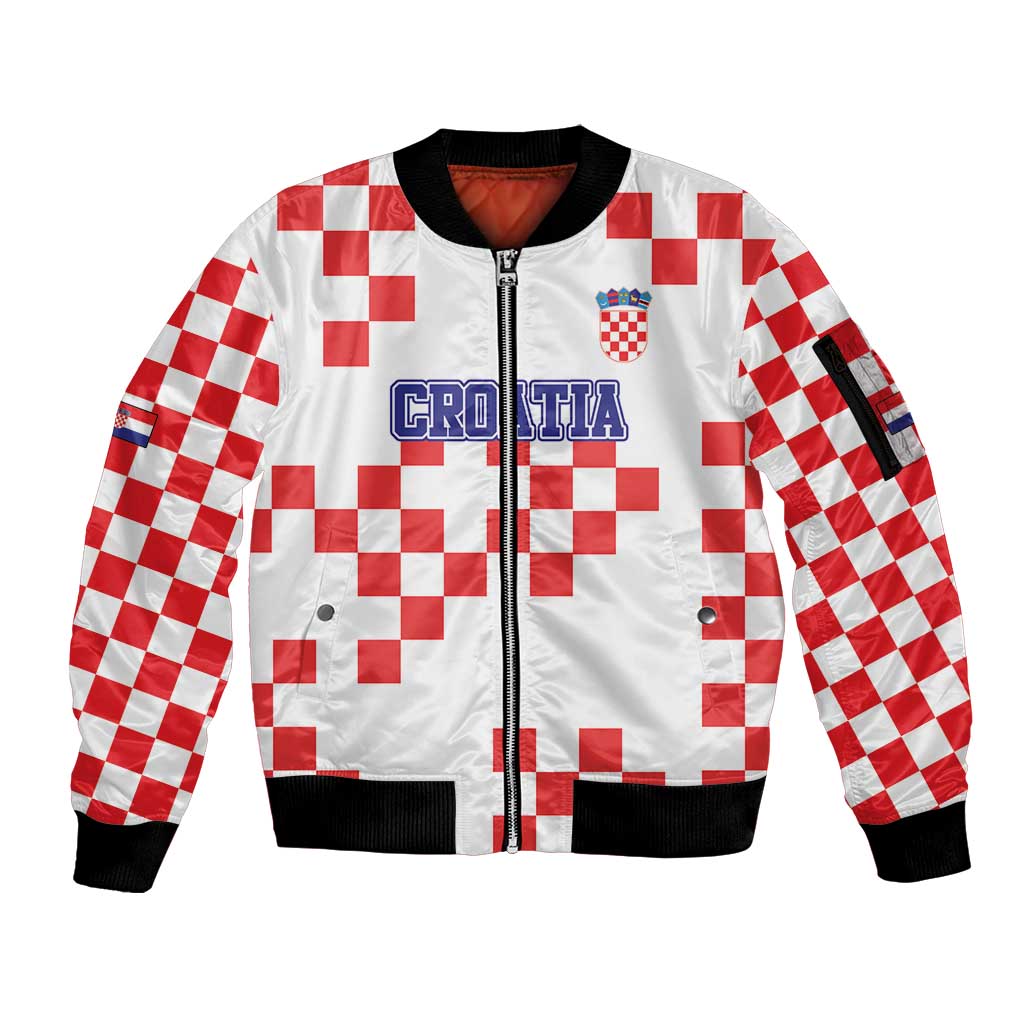 Custom Croatia National Heritage Sleeve Zip Bomber Jacket Red and White Checkerboard Design - Wonder Print Shop