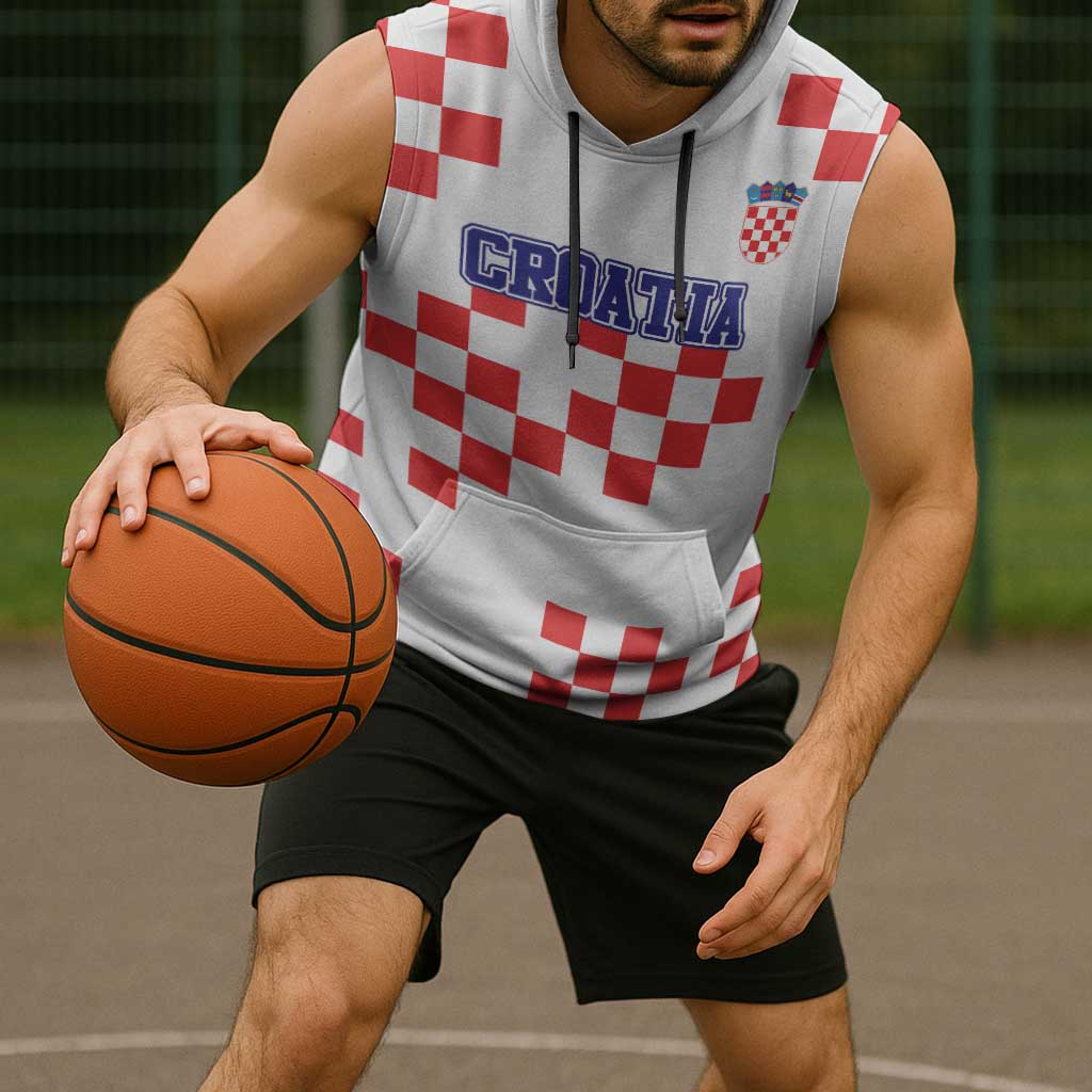 Custom Croatia National Heritage Sleeveless Hoodie Red and White Checkerboard Design - Wonder Print Shop