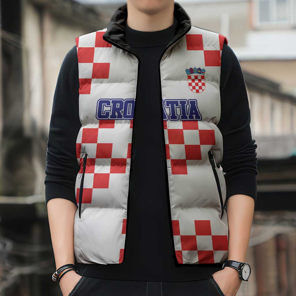 Custom Croatia National Heritage Sleeveless Puffer Jacket Red and White Checkerboard Design - Wonder Print Shop